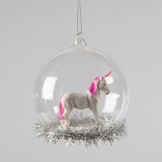 Pink and white unicorn in a tinsel bauble for adding sparkle to your Christmas tree