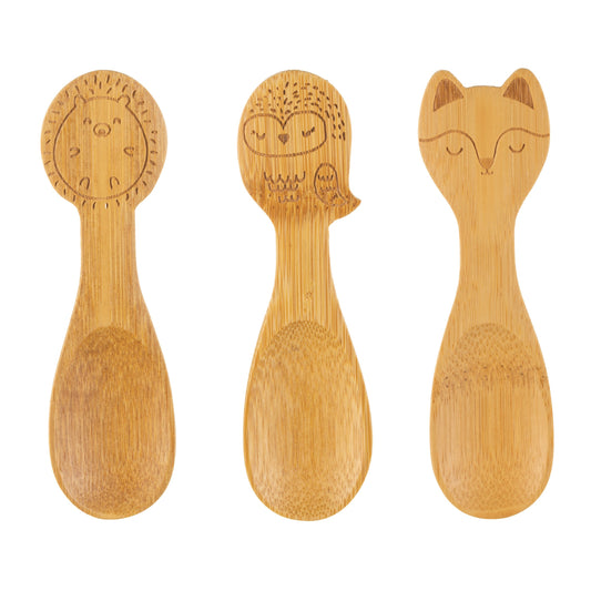 A planet-friendly everyday reusable, this gorgeous bamboo spoon set features 3 cute woodland baby animal designs (fox, hedgehog and an owl).