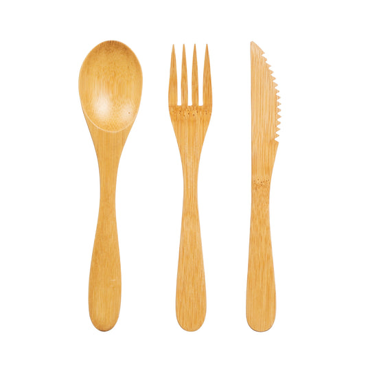 A planet-friendly everyday reusable, this bamboo cutlery set features a fork, knife and spoon.