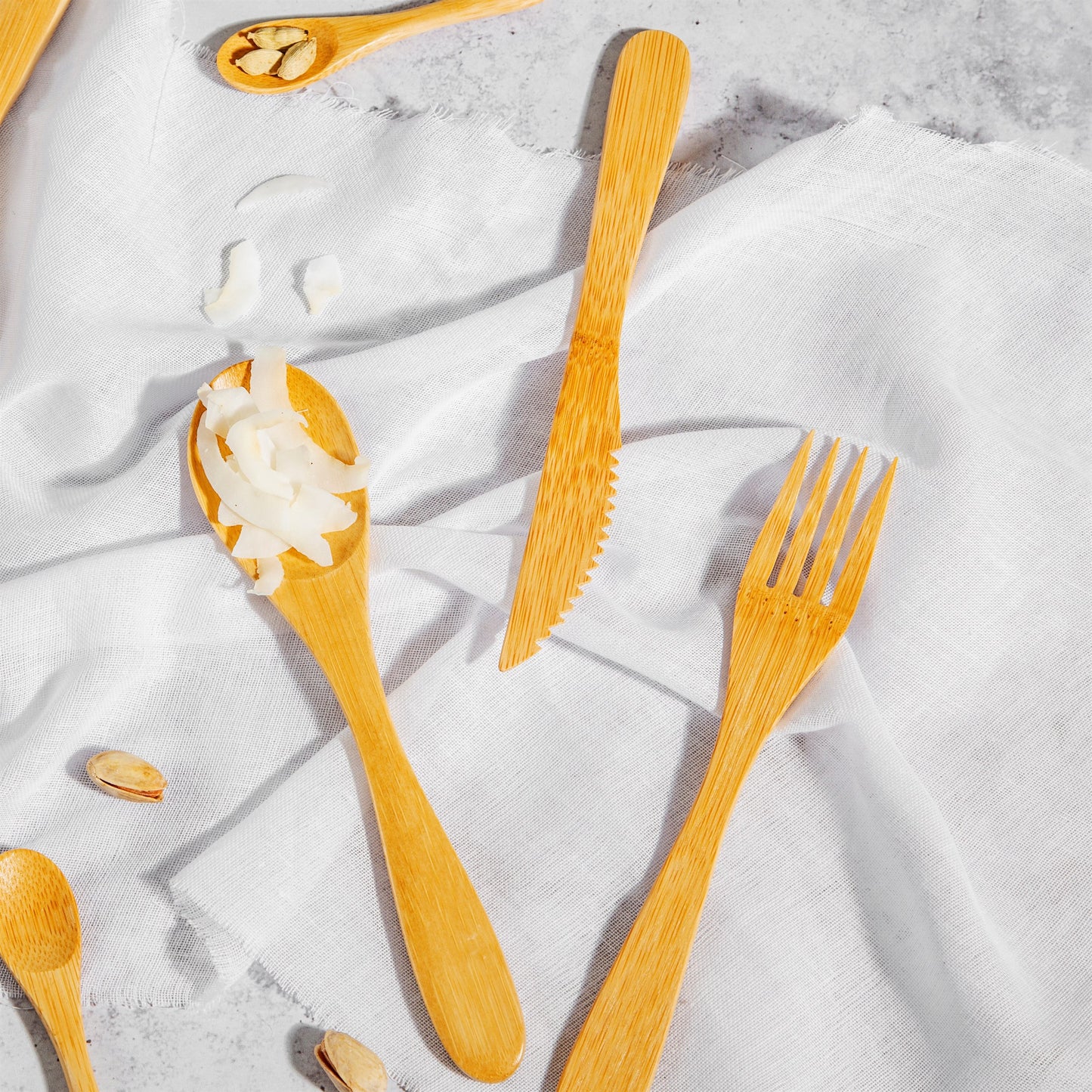A planet-friendly everyday reusable, this bamboo cutlery set features a fork, knife and spoon.