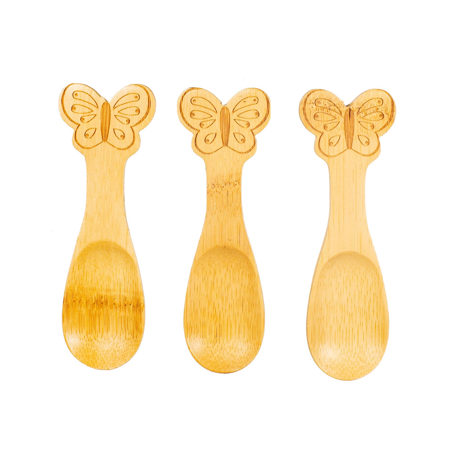 Explore nature with this planet-friendly everyday reusable bamboo spoon set, featuring a cute butterfly design.