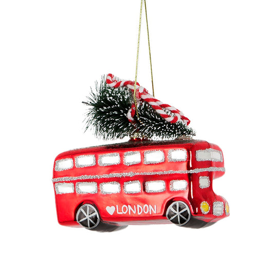 Red London Bus with Christmas Tree on Roof Glass Christmas Tree Decoration