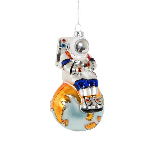 'One small step for man. One giant leap for mankind..' Make sure you have a Christmas that's out of this world with this unique 'on top of the world' astronaut globe glass Christmas tree decoration!