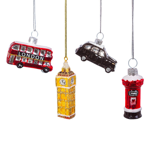 Create a traditional theme this festive season with these 4 mini iconic London themed Christmas tree decorations. Featuring Big Ben, a red London post box, a red London bus and a black cab.