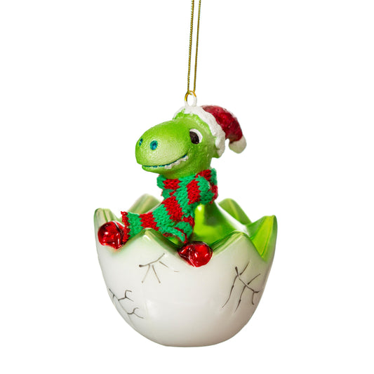There's no need to be frightened of this dinosaur (not yet anyway!!). This totally roarsome glass hanging Christmas decoration features a very cute baby dinosaur hatching out of its egg wearing a Christmassy scarf and hat.