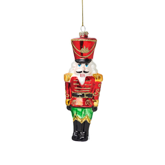 This fun and stylish nutcracker doll Christmas tree hanging decoration features the beloved classic red and white theme with accents of glittery gold and green.