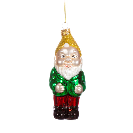 Green & Red Garden Gnome Glass Christmas Tree Decoration