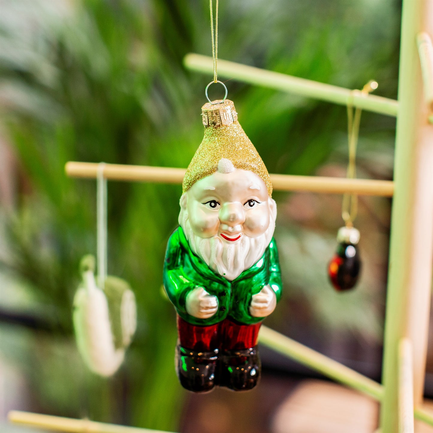 Green & Red Garden Gnome Glass Christmas Tree Decoration