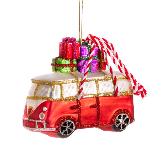 Red White Camper Van with Gifts on Roof Christmas Tree Decoration