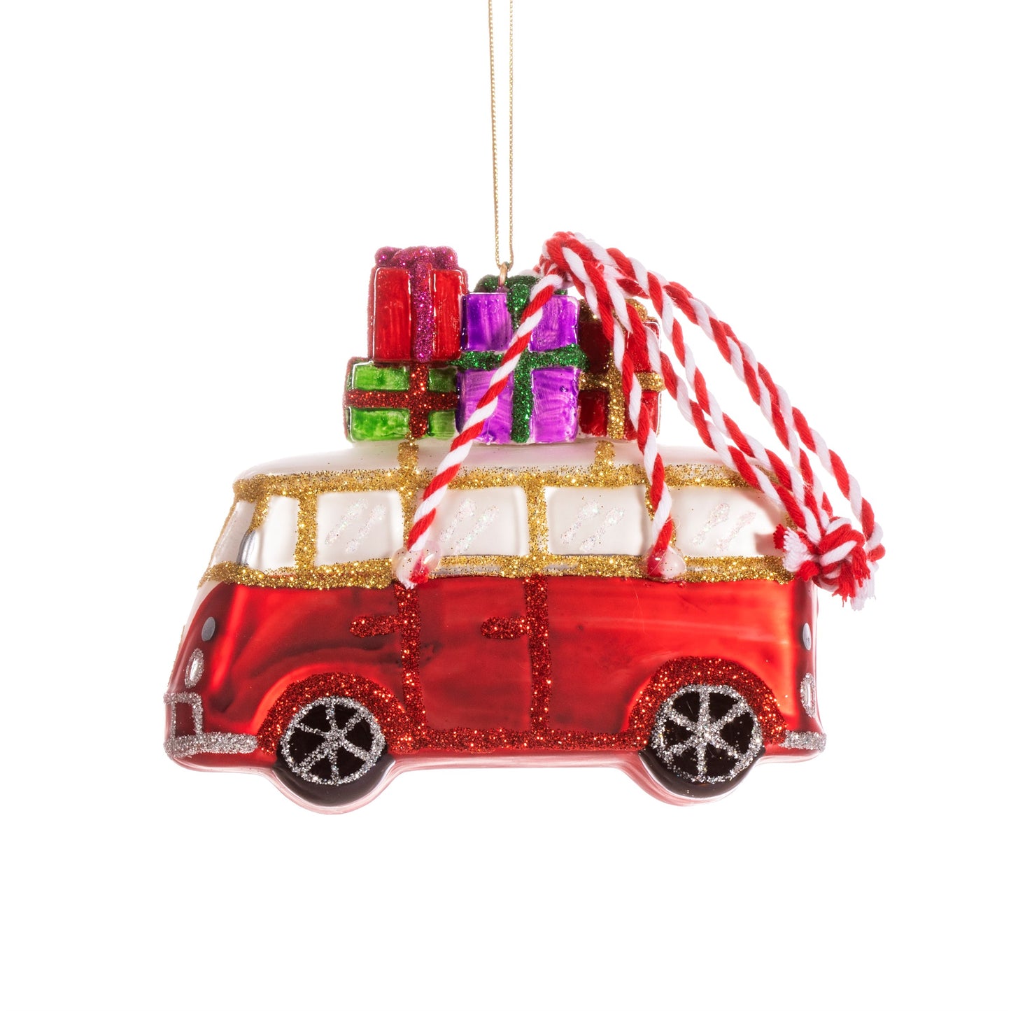 Red White Camper Van with Gifts on Roof Christmas Tree Decoration