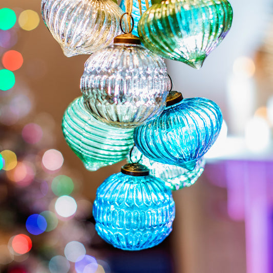 Onion Shaped Recycled Glass Christmas Tree Baubles (Blue, Green and Clear)