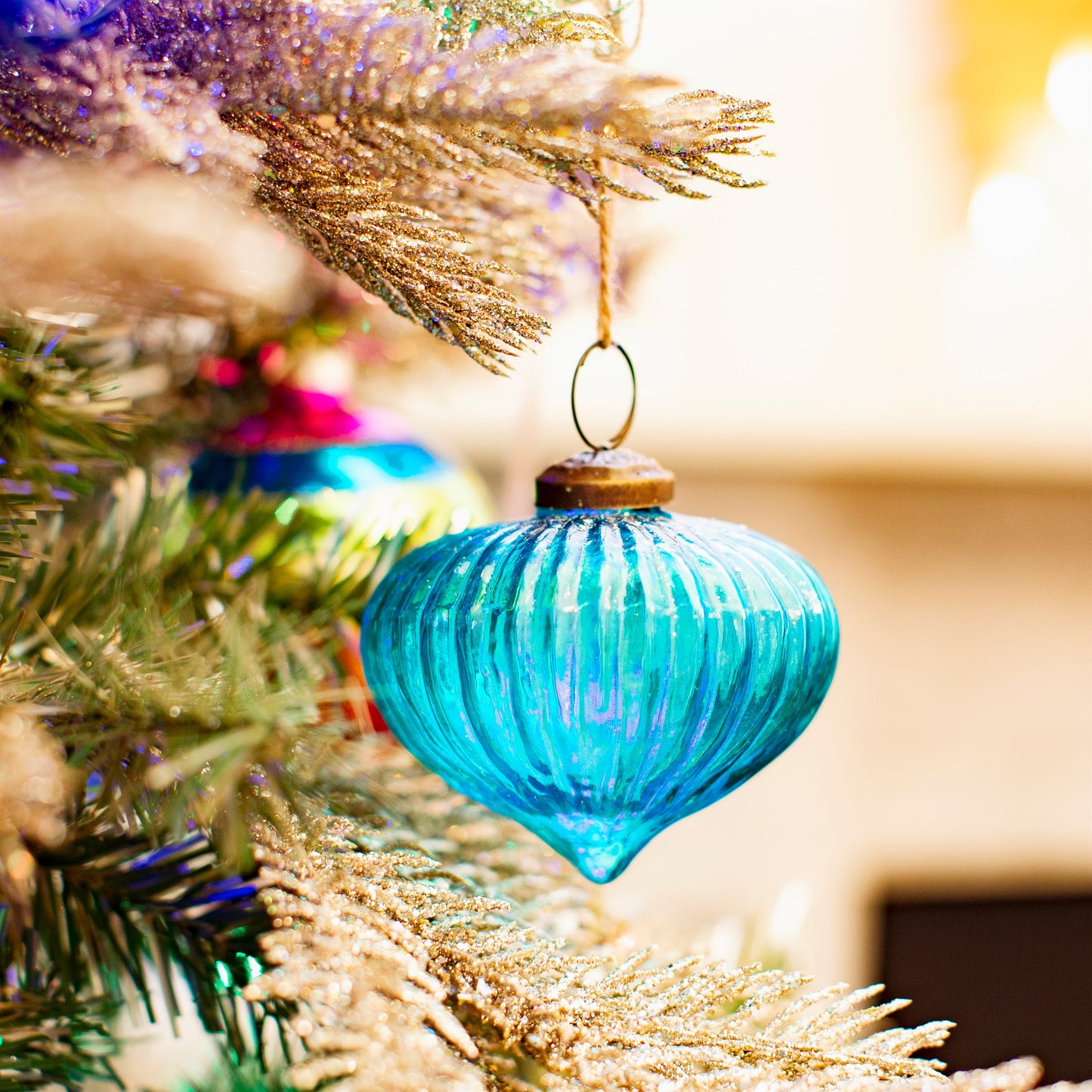 Onion Shaped Recycled Glass Christmas Tree Baubles (Blue, Green and Clear)