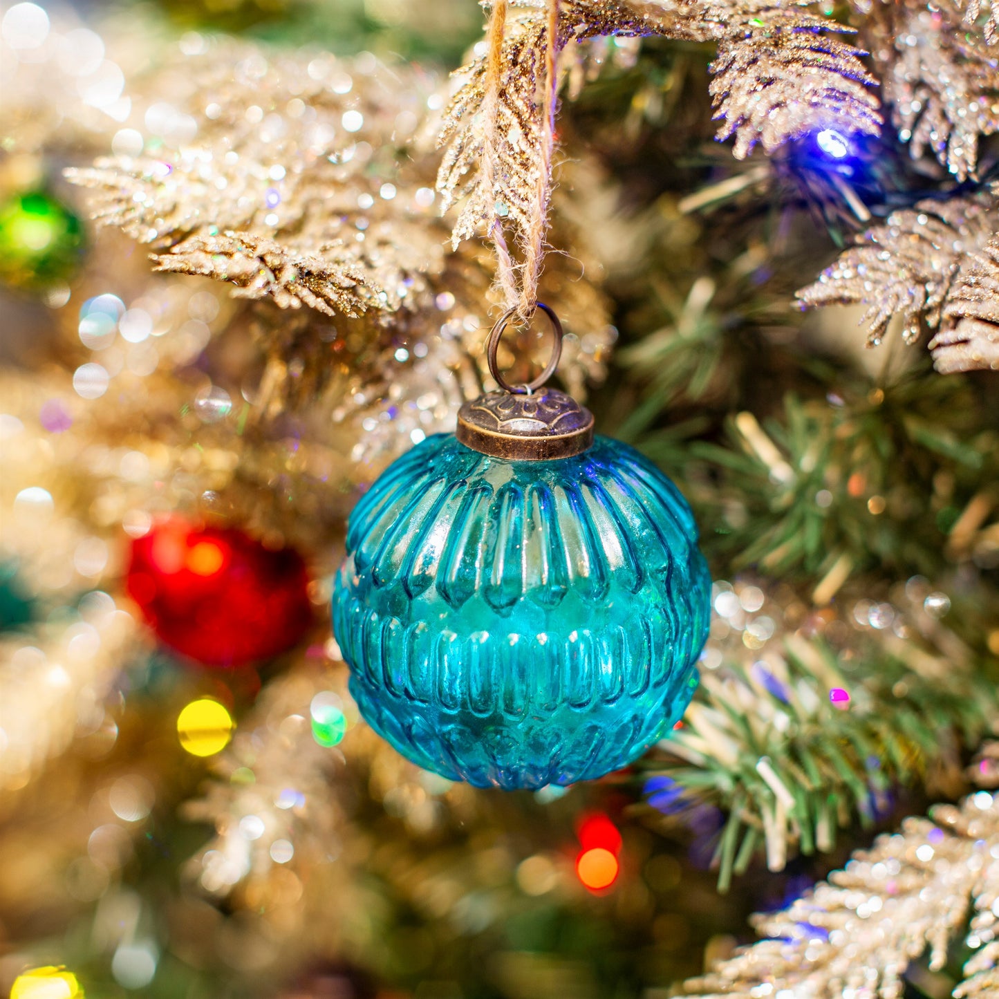 Grooved Recycled Glass Christmas Tree Baubles (Blue, Green and Clear)