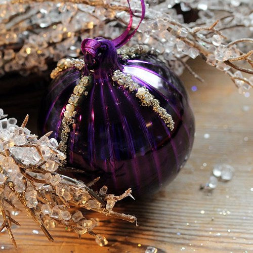 Shiny Purple Glass Ridged Bauble Christmas Tree Decoration with Beads (6cm)