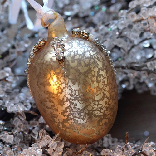 Antique Style Gold Matt Glass Christmas Tree Decoration with Beads (6cm Egg)