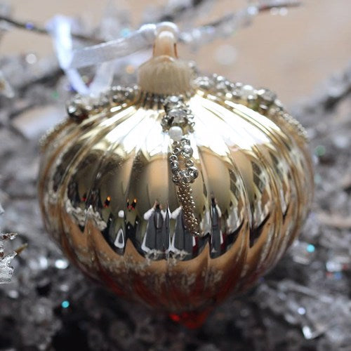Gold Shiny Ridged Sultan Glass Beaded Ornament (6cm)