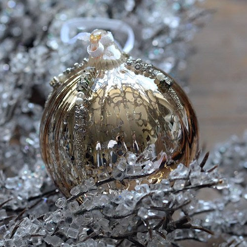 Antique Style Gold Shiny Ridged Glass Bauble Christmas Tree Decoration with Beads (6cm or 8cm)