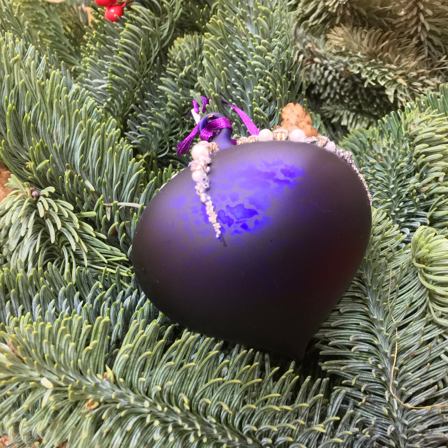 Matt purple sultan shaped Christmas tree decoration with bead and pearl detail