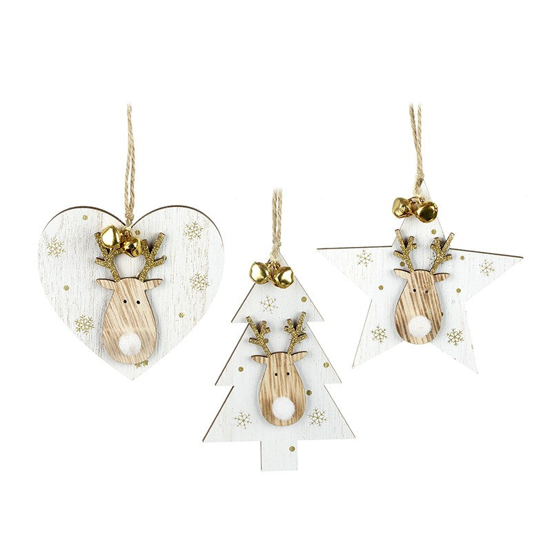 A set of 3 white and gold wooden Christmas tree decorations in the shape of a star, heart and Christmas tree: featuring reindeer heads with snowflakes and bells - perfect for creating a fun, festive theme.