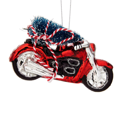 A red and silver motorbike carrying a Christmas tree decoration to be hung on your tree or in your home.