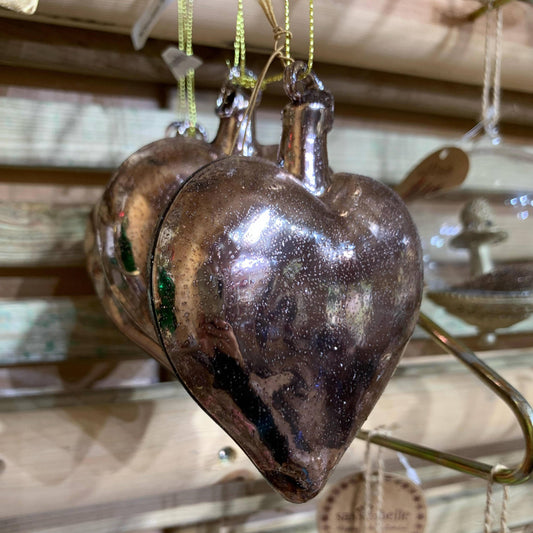 Antique Style Heart Bronze Rose Gold Coloured Glass Christmas Dec
