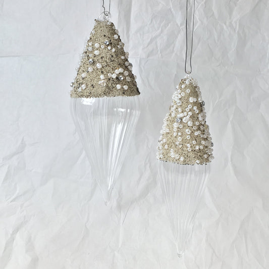 White and Gold Beaded Handmade Glass Finial Hanging Decorations for weddings, Christmas and Valentine's day