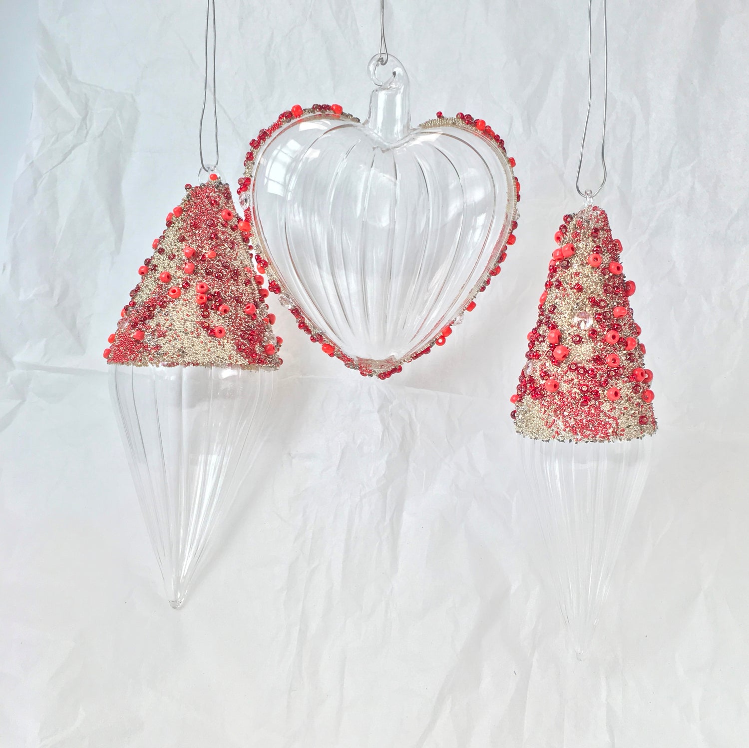 Hand-blown glass heart decorations with red beads for Christmas, Valentines Day and love themed decorating