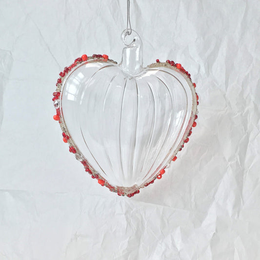 Hand-blown glass heart decorations with red beads for Christmas, Valentines Day and love themed decorating