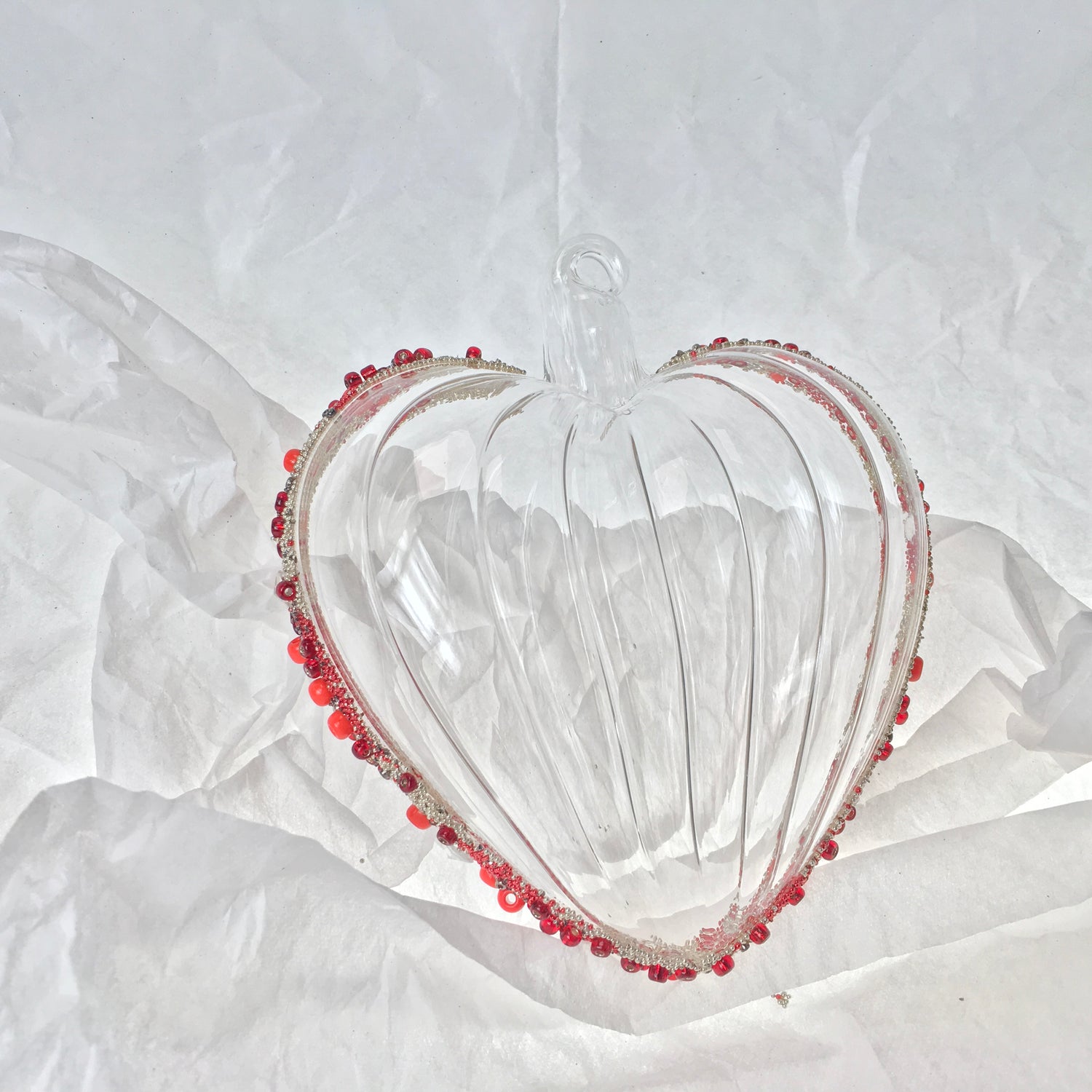 Hand-blown glass heart decorations with red beads for Christmas, Valentines Day and love themed decorating