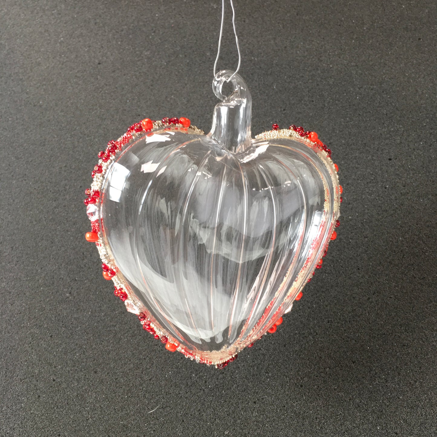 Hand-blown glass heart decorations with red beads for Christmas, Valentines Day and love themed decorating