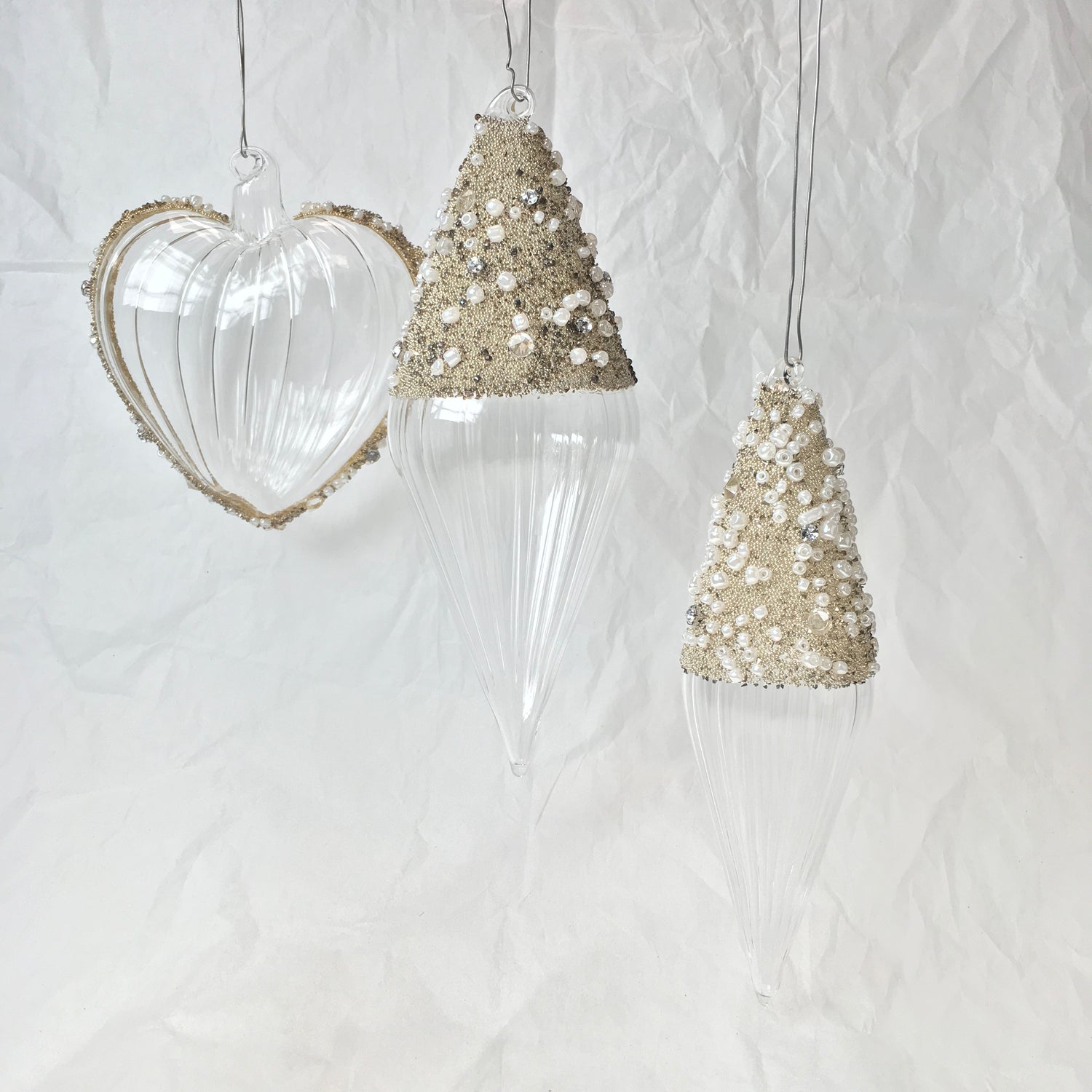 Hand-blown glass heart decorations with white beads for Christmas, Valentines Day and love themed decorating