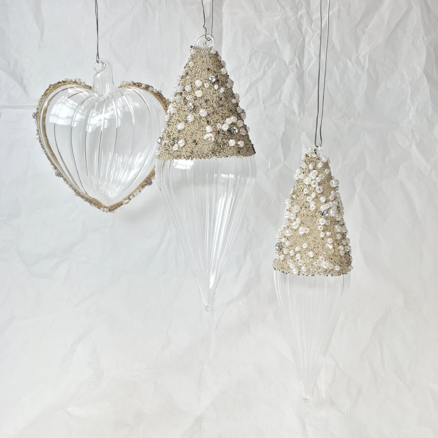 White and Gold Beaded Handmade Glass Finial Hanging Decorations for weddings, Christmas and Valentine's day