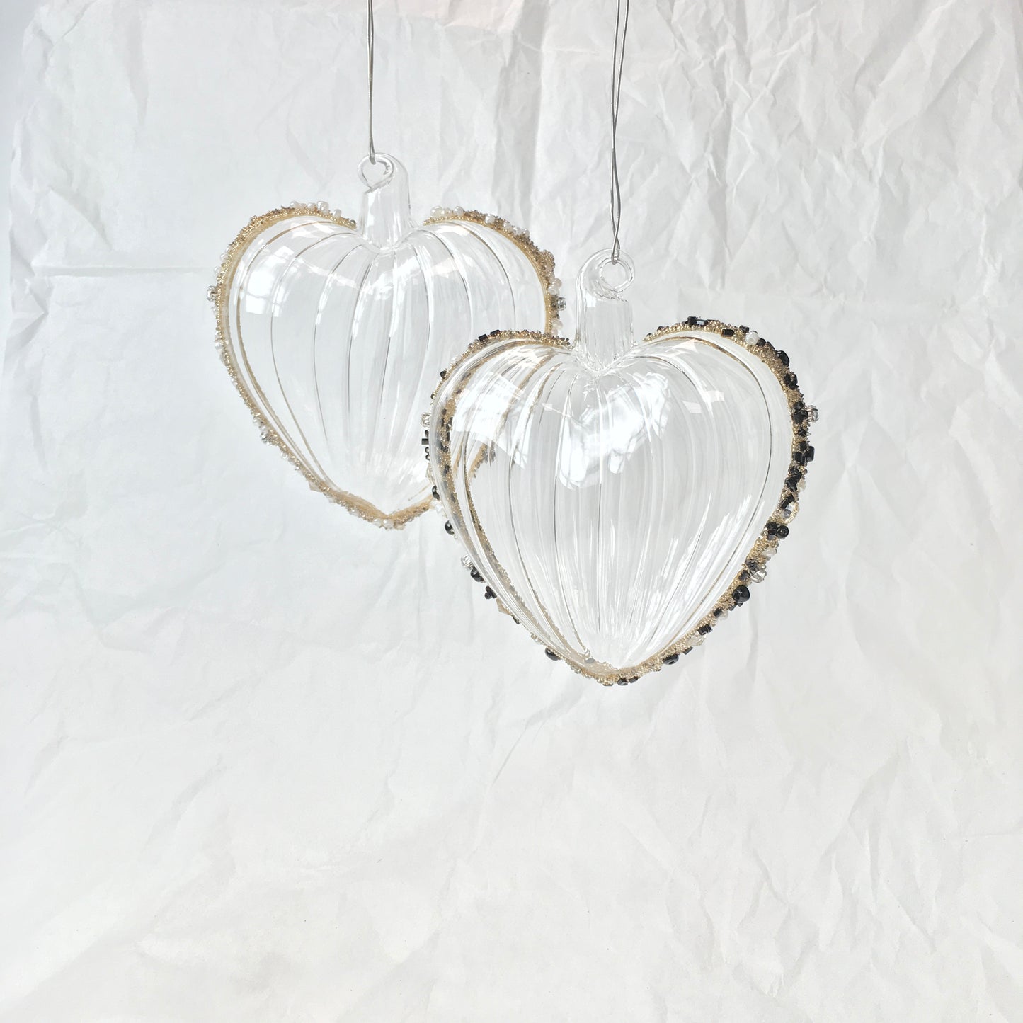 Hand-blown glass heart decorations with white beads for Christmas, Valentines Day and love themed decorating