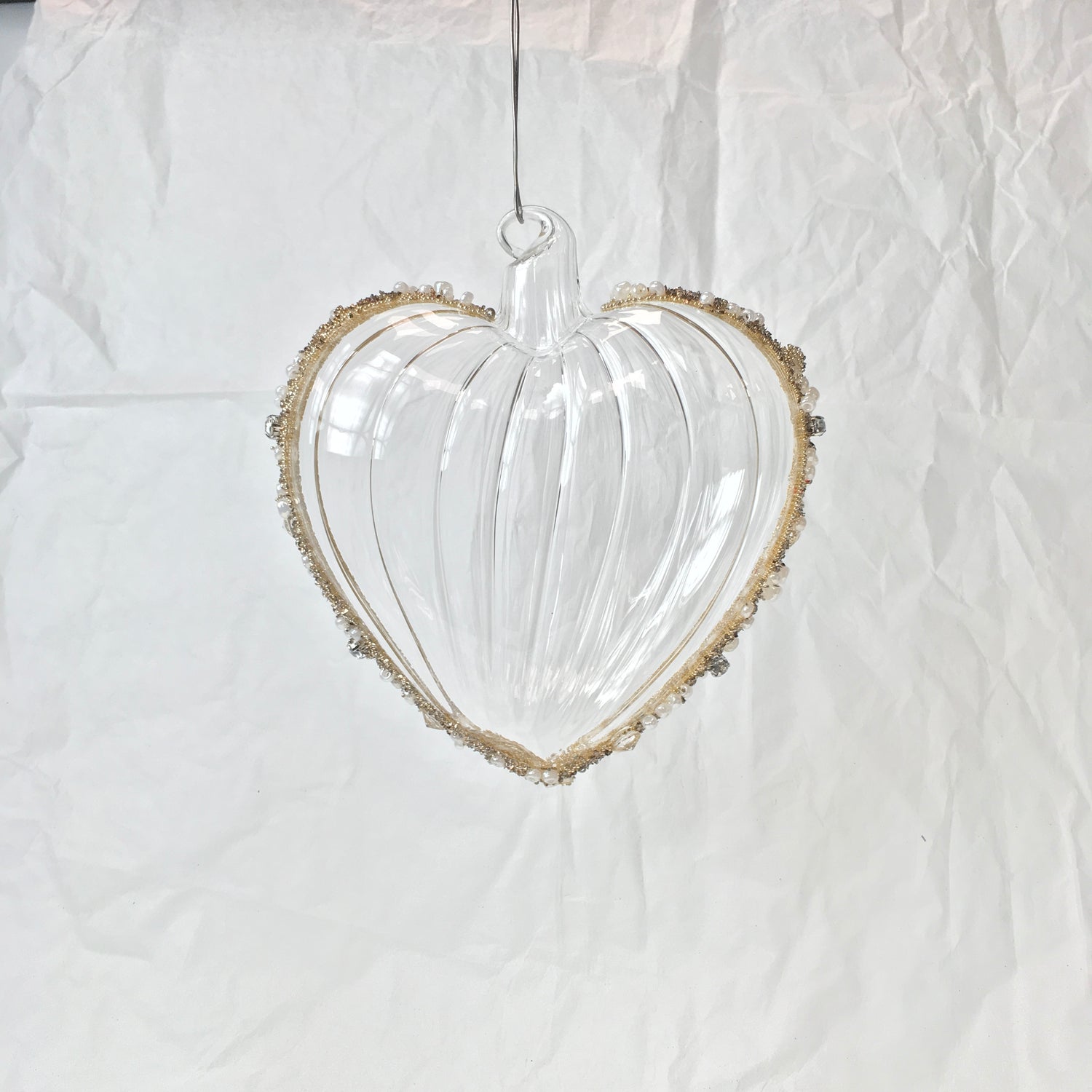 Hand-blown glass heart decorations with white beads for Christmas, Valentines Day and love themed decorating