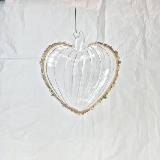 Hand-blown glass heart decorations with white beads for Christmas, Valentines Day and love themed decorating