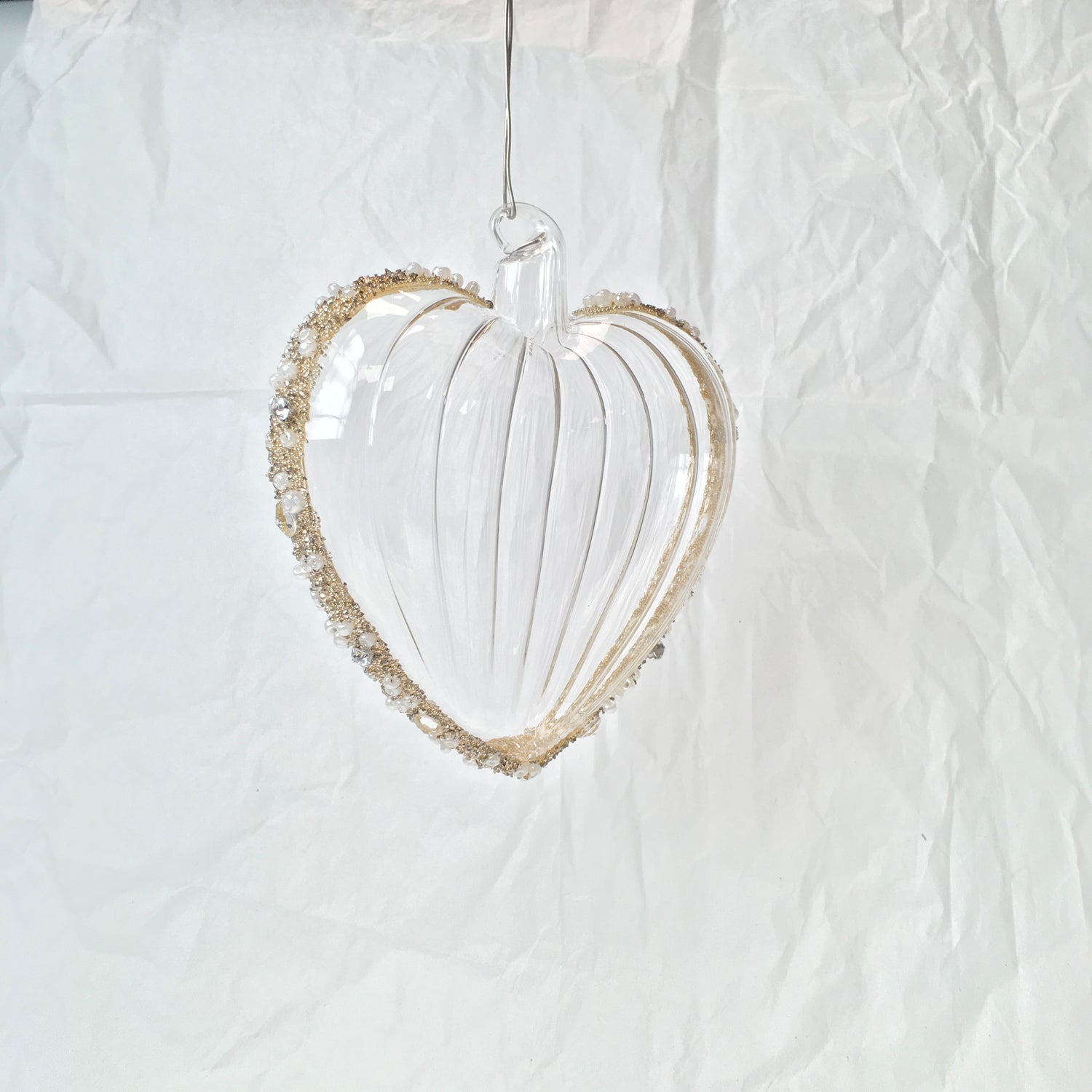 Hand-blown glass heart decorations with white beads for Christmas, Valentines Day and love themed decorating