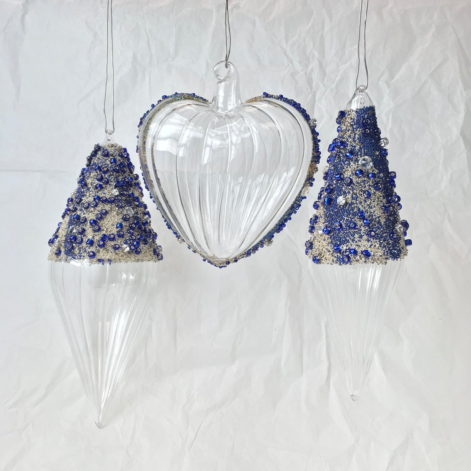 Hand-blown glass heart decorations with blue beads for Christmas, Valentines Day and love themed decorating