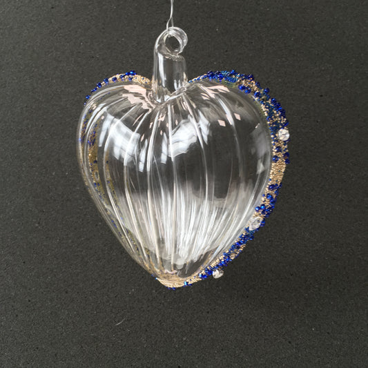Hand-blown glass heart decorations with blue beads for Christmas, Valentines Day and love themed decorating
