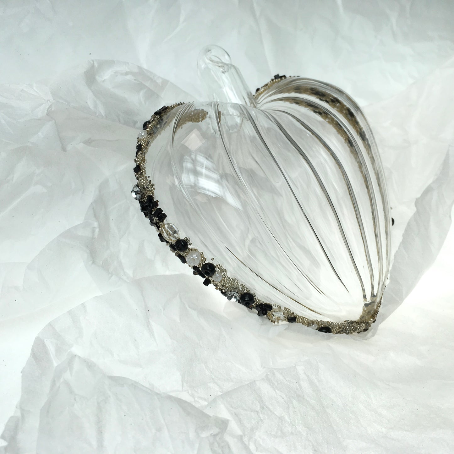 Hand-blown glass heart decorations with black beads for Christmas, Valentines Day and love themed decorating