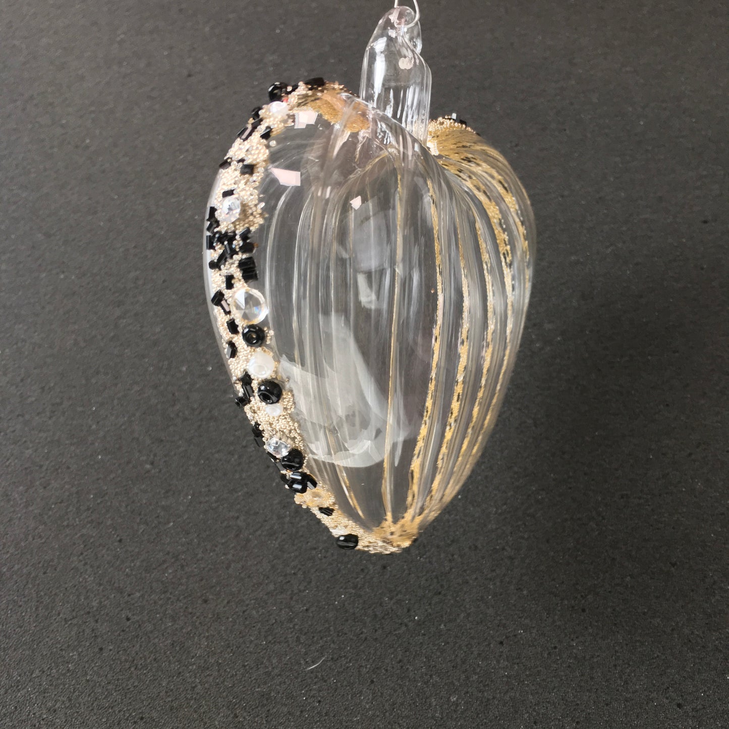 Hand-blown glass heart decorations with black beads for Christmas, Valentines Day and love themed decorating