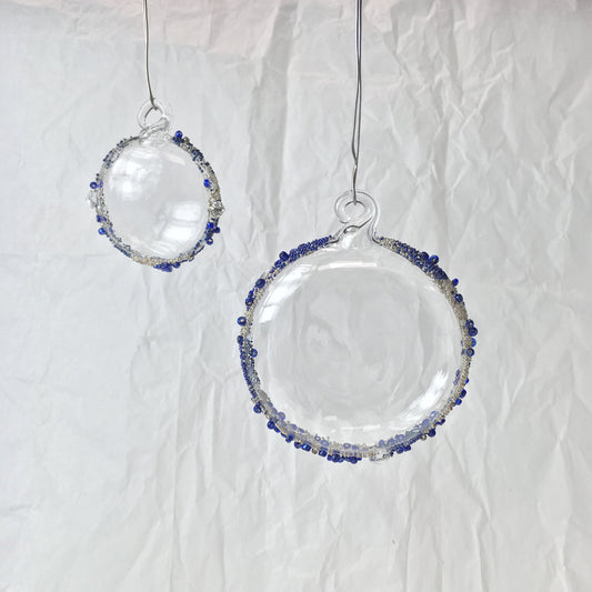 Blue Beaded Handmade Glass Flat Sphere Hanging Decorations For Christmas Trees, Weddings and Window Decorations