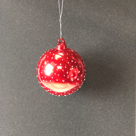 Red Bauble with Snow White Dots for Hanging on the Christmas Tree. Available in Two sizes