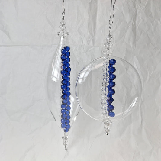 Clear Handmade Glass Decorations with Blue and Clear Beads for Christmas, Weddings and Window Decorating