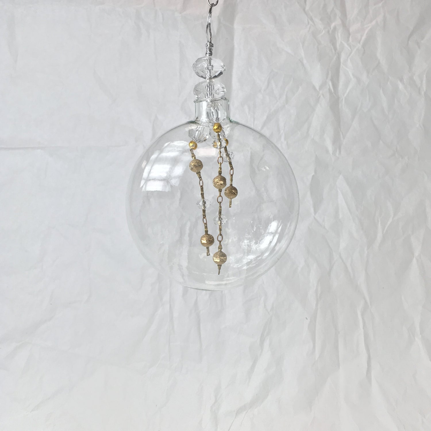 Clear Handmade Glass Decorations with Brass and Clear Beads for Christmas and Wedding Decorating