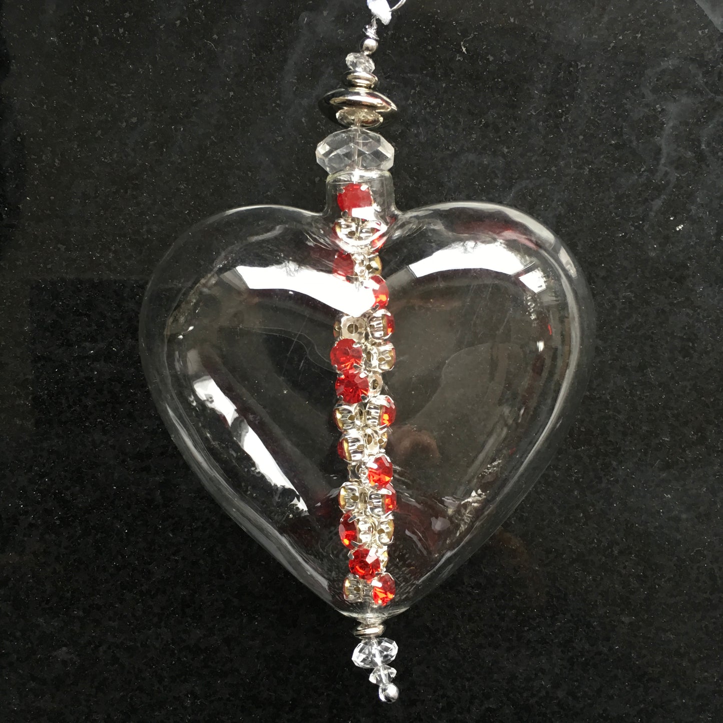 Clear Glass Heart Christmas Decoration with Red Diamante Beads