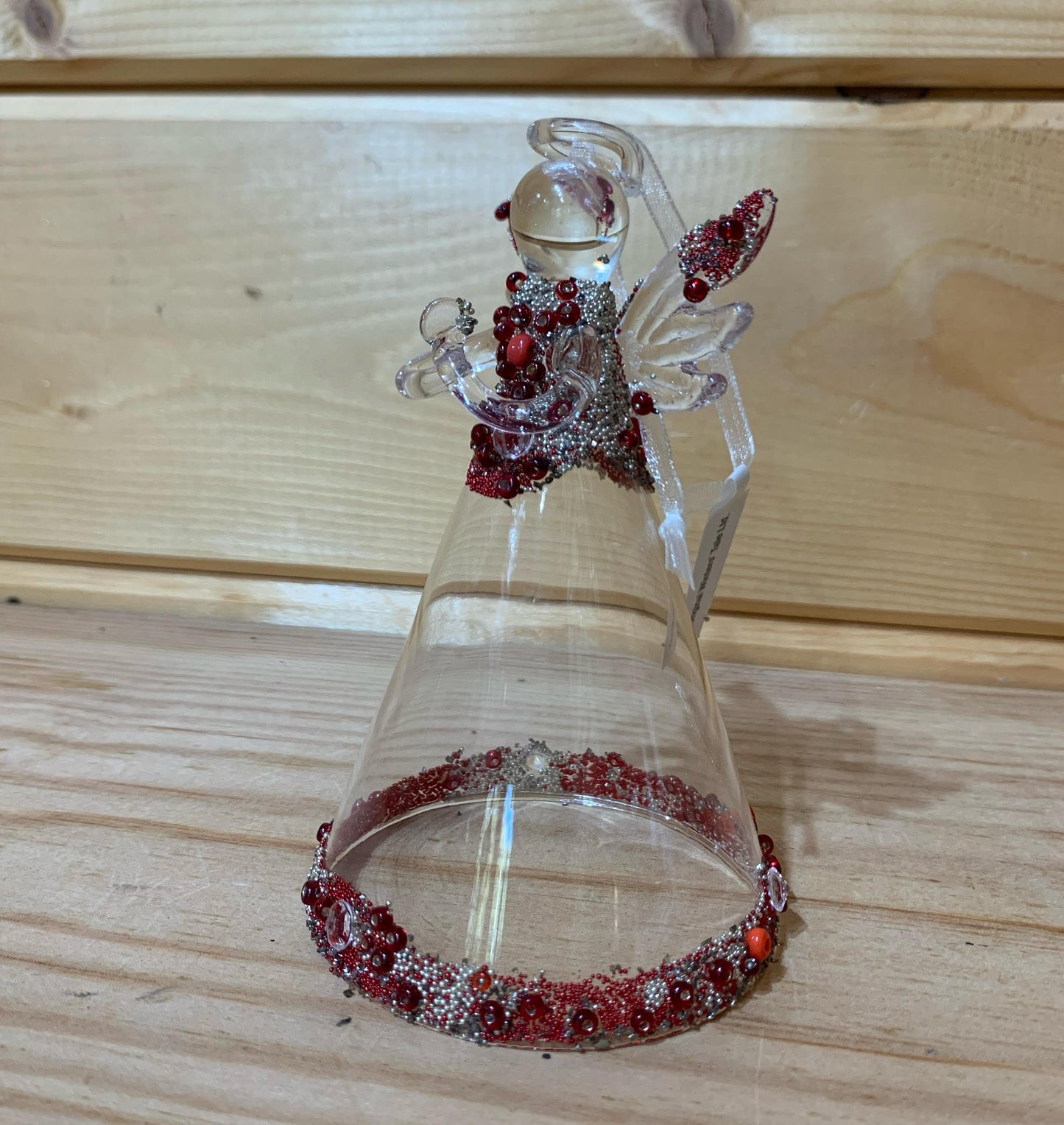 Clear Glass Angel with Red Silver Beading Christmas Tree Dec