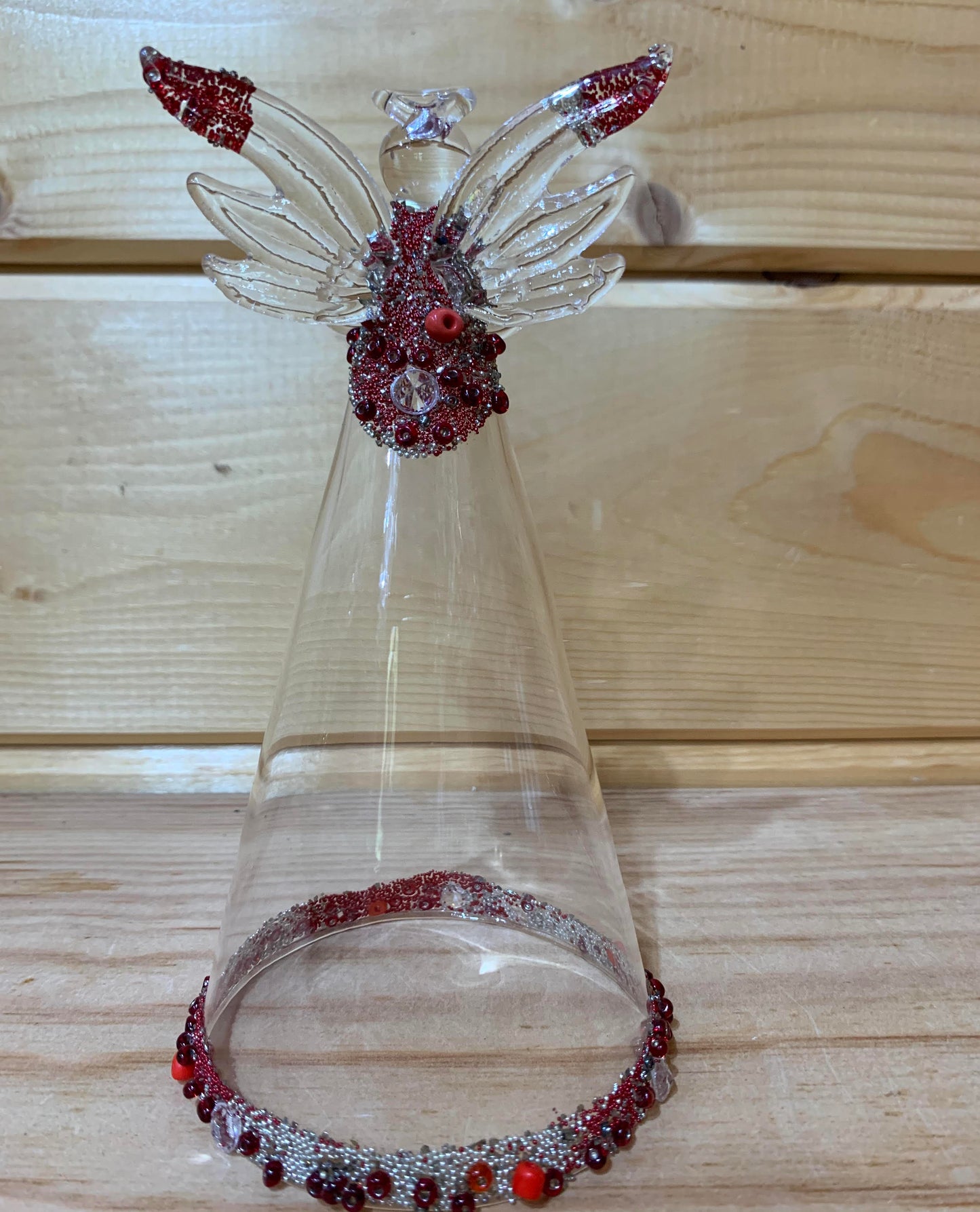 Clear Glass Angel with Red Silver Beading Christmas Tree Dec