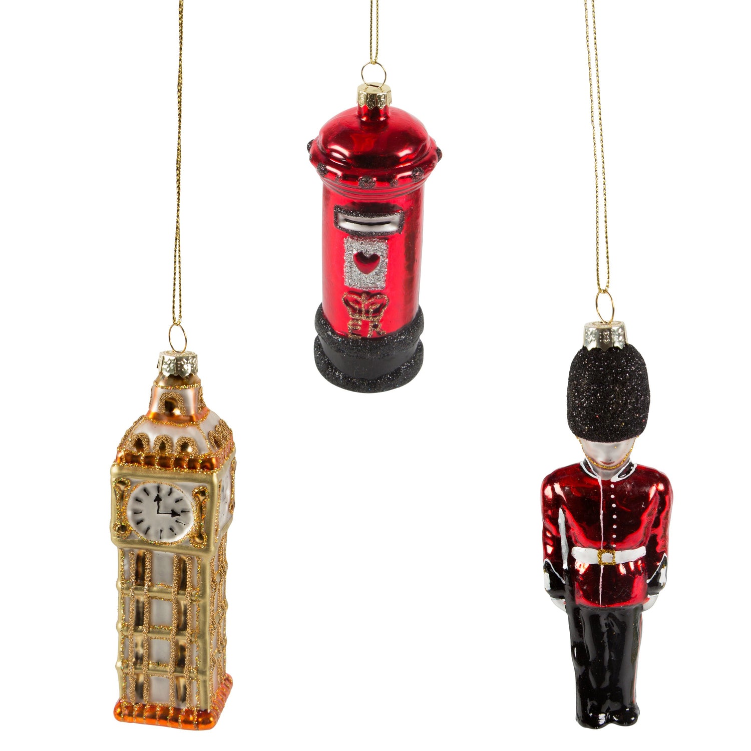 Create a traditional theme this festive season with these iconic London themed Christmas tree decorations. Featuring Big Ben, a red London post box, and a member of the Queen's Guard.