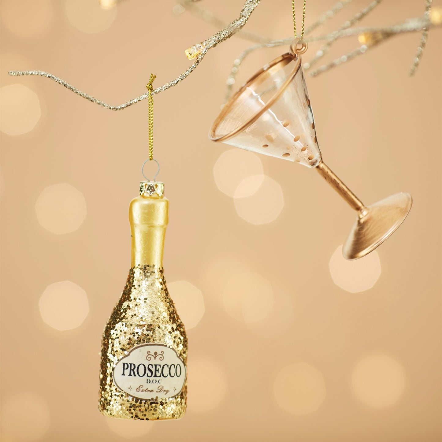 Lets Celebrate glass and gold glittery prosecco bottle decoration for your Christmas tree.