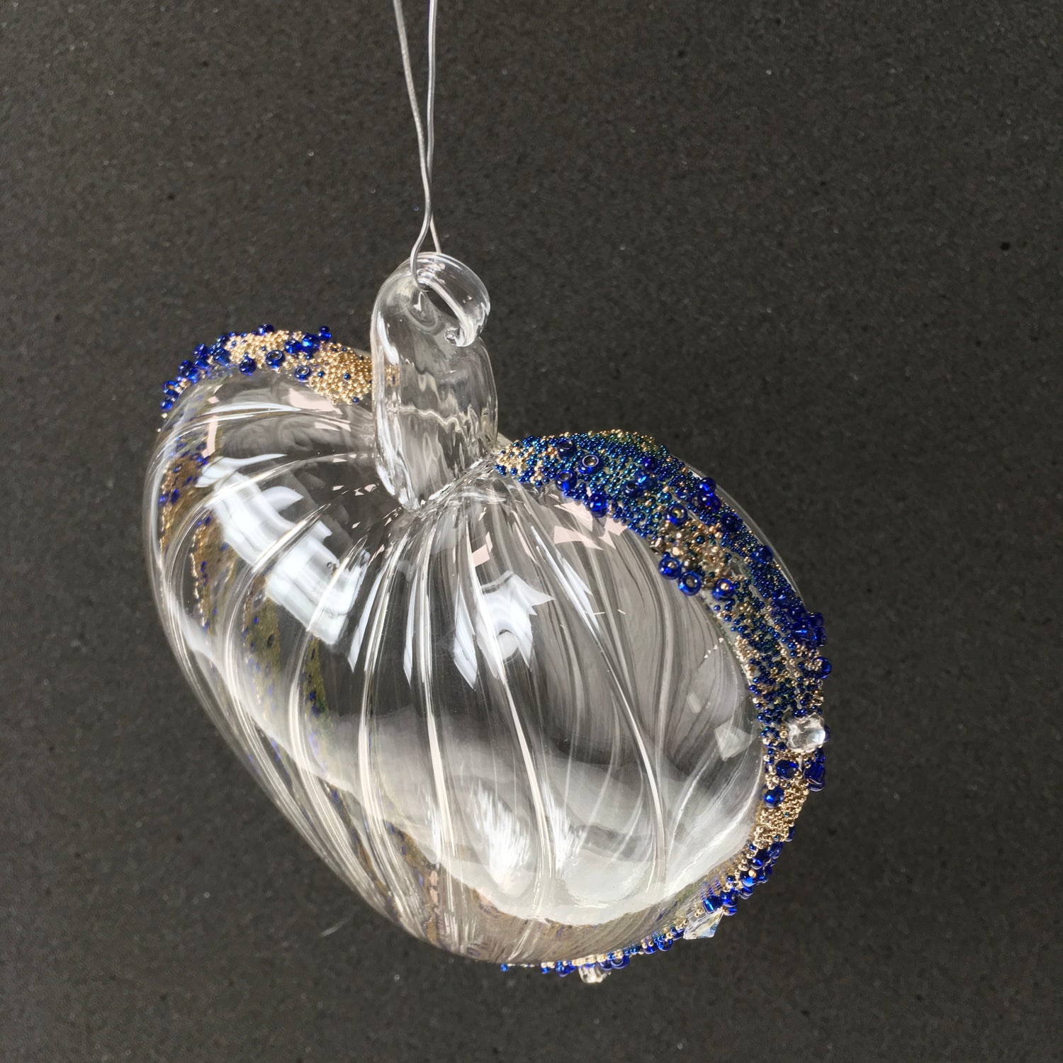 Hand-blown glass heart decorations with blue beads for Christmas, Valentines Day and love themed decorating